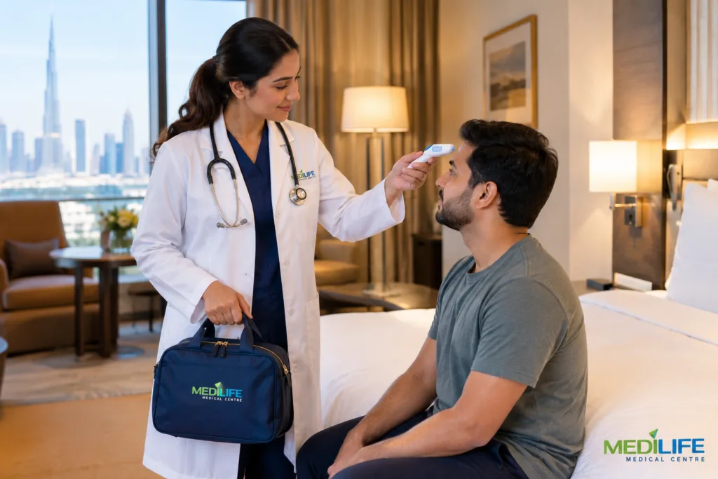Doctor providing medical consultation to a hotel guest in Dubai